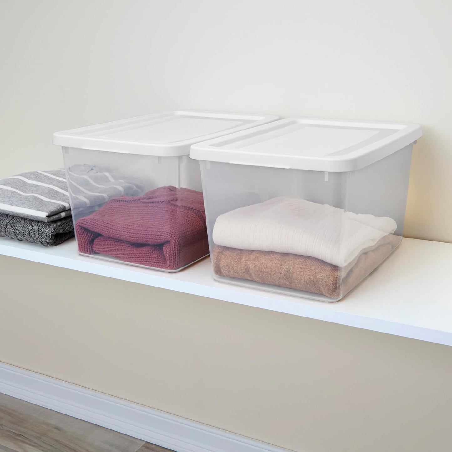 Sterilite 6 Pack Storage Box, 41 Quart Stackable Tote, Clear Plastic Container with Secure Snapping White Lids for Home and Office Organization