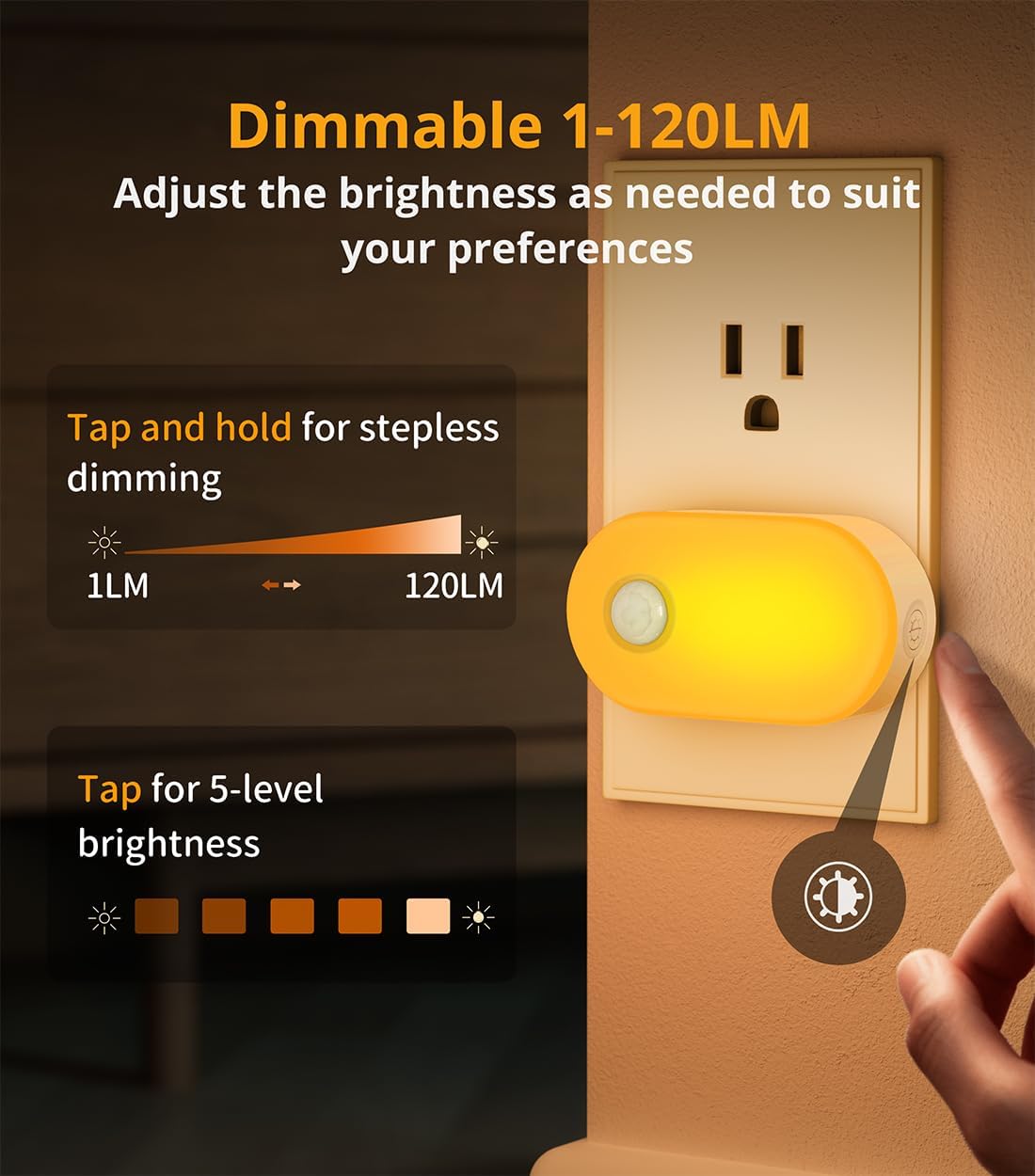 Lyridz 120LM Ultra Bright Plug-in Motion Sensor Night Light, Stepless Dimmable LED Nightlight, Always-On and Auto-Off, for Hallway, Stairs, Bathroom, Bedroom, Garage, Warm White (6-Pack)