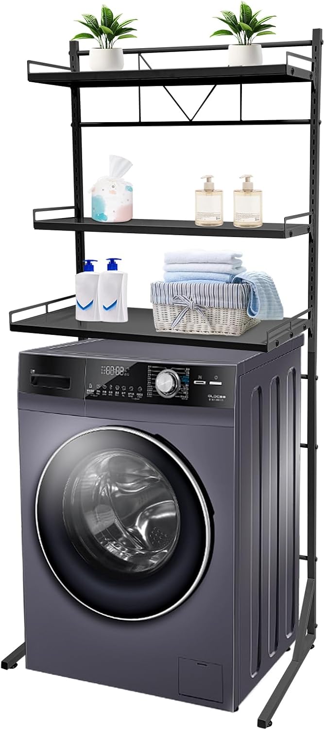 Adjustable Height Laundry Room Shelves for Laundry Room Organization 3 Tiers Laundry Room Organization Shelves Over The Washer and Dryer Storage Shelf (Black, 26.8×18.3×64in)