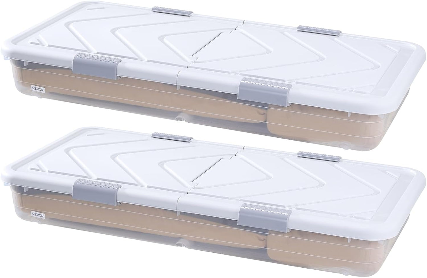 VEVOR Under Bed Storage with Wheels, 39.8 x 20.1 x 5.9 inch Underbed Containers, Underbed Shoes Organizer with Lid & Gray Latch, Rolling Under the Bed Storage Bins for Clothes Shoes Blankets, 2 Pack