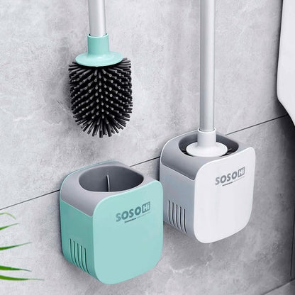 Toilet Brush, Silicone Toilet Bowl Brushes and Holder for Bathroom, Compact Flexible Toilet Cleaner Brush with Ventilated Drying Holder, Wall Mounted/Floor Standing Gray/Green–Long Non-Slip Handle
