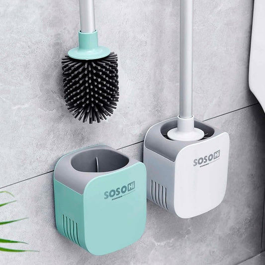 Toilet Brush, Silicone Toilet Bowl Brushes and Holder for Bathroom, Compact Flexible Toilet Cleaner Brush with Ventilated Drying Holder, Wall Mounted/Floor Standing Gray/Green–Long Non-Slip Handle
