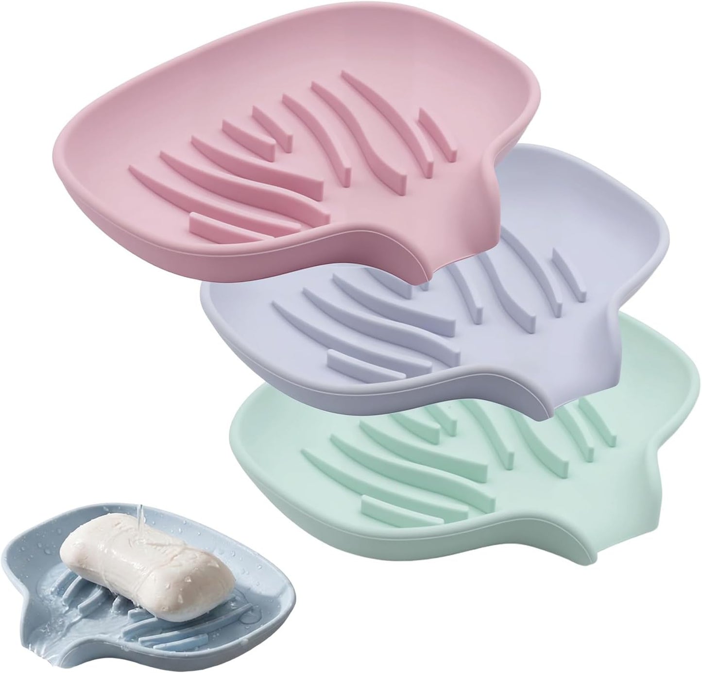 3 Pack Silicone Soap Dish with Drain, Self Draining Soap Trays, Bar Soaps Holder Saver Container with Drainage Waterfall for Bathroom Shower Kitchen Bathtub Organizer