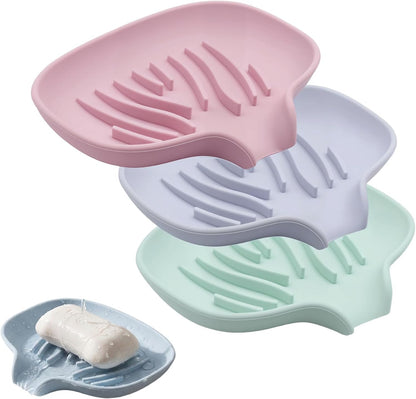 3 Pack Silicone Soap Dish with Drain, Self Draining Soap Trays, Bar Soaps Holder Saver Container with Drainage Waterfall for Bathroom Shower Kitchen Bathtub Organizer