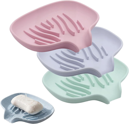 3 Pack Silicone Soap Dish with Drain, Self Draining Soap Trays, Bar Soaps Holder Saver Container with Drainage Waterfall for Bathroom Shower Kitchen Bathtub Organizer