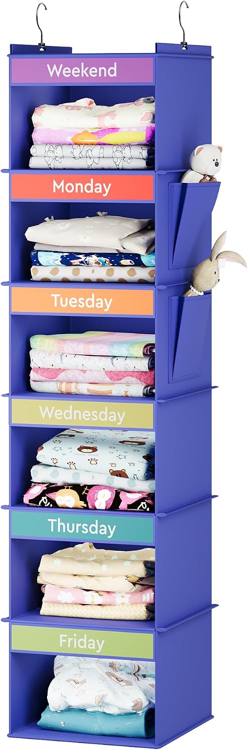YOUDENOVA 6-Shelf Weekly Hanging Closet Organizer, Weekly Clothes Organizers for Kids with 2 Side Pockets, Pink