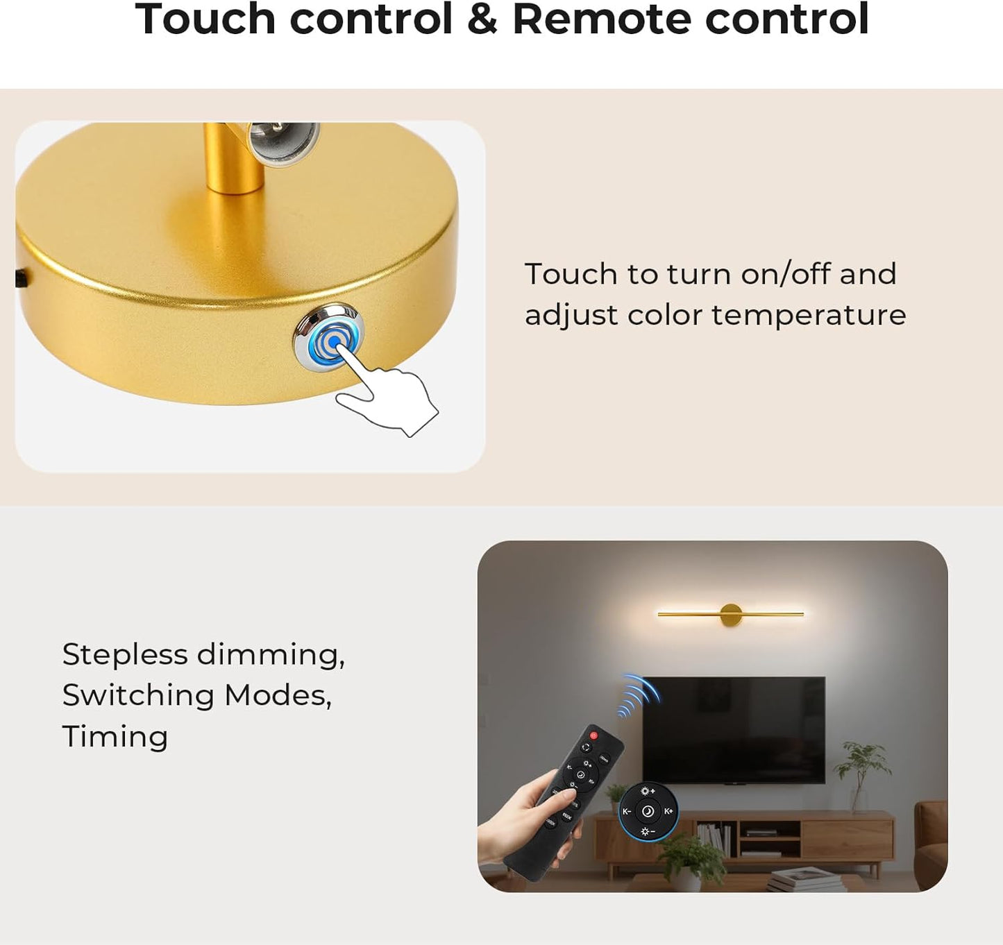 GvvooHome Battery Operated Wall Sconces Set of 2, Detachable 360°Rotate Wall Lamps, 3000-6500K Dimmable with Remote Control, 10000mAh Rechargeable Wall Light for Bedroom, Living Room, 28.3" Black Gold