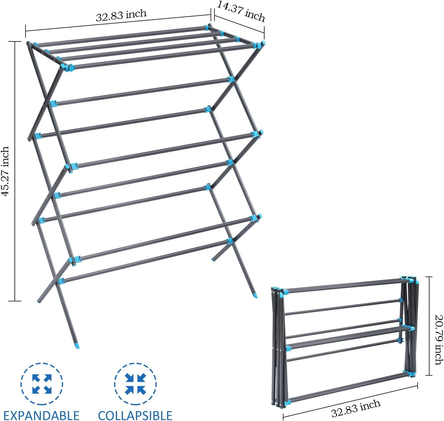 APEXCHASER Extra Large Clothes Drying Rack, Foldable & Extendable Laundry Rack with Adjustable Size (20.87"-35.43" L), Space-Saving, Rust-Resistant Frame for Indoor/Outdoor Use, White
