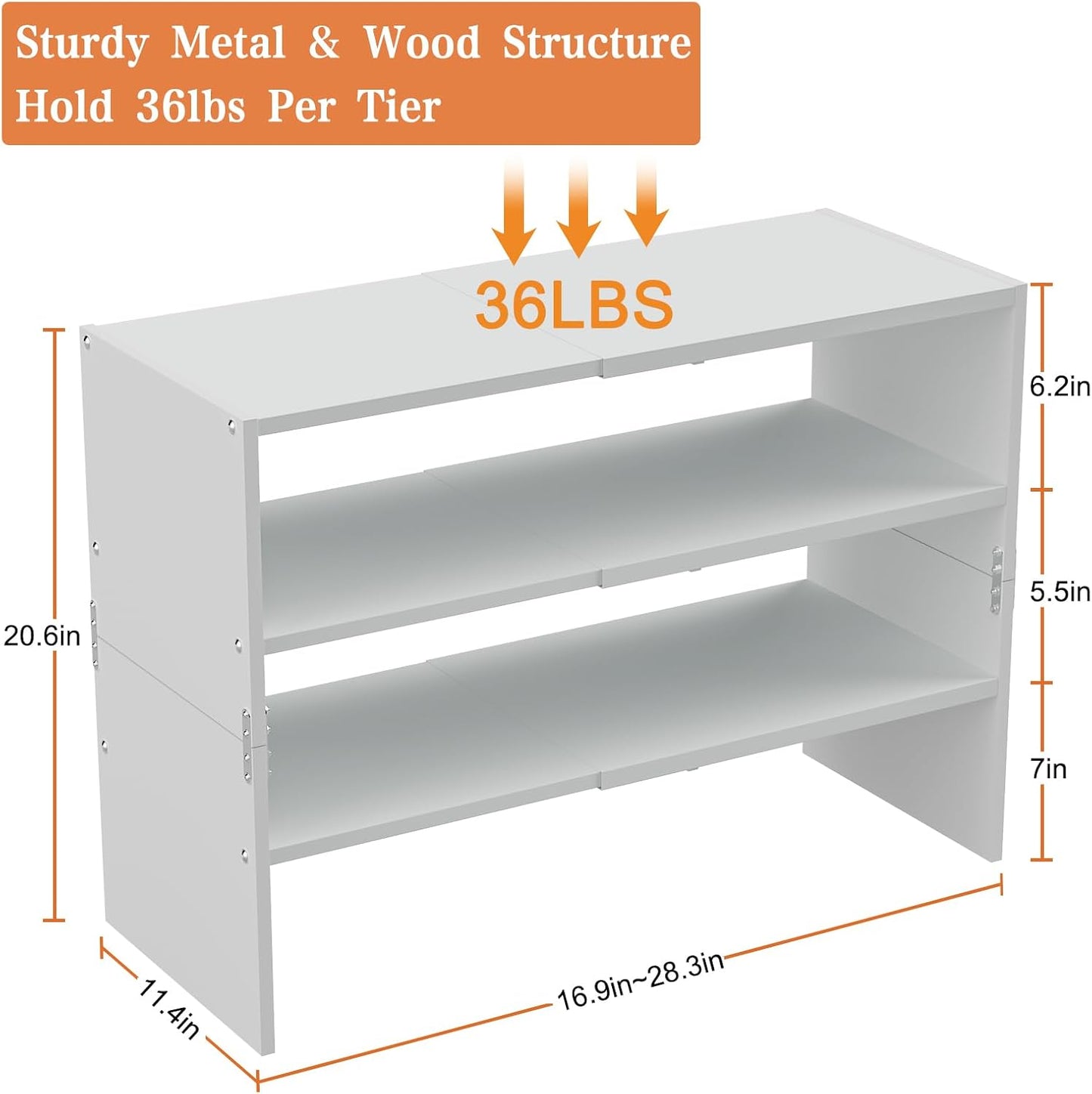 White Shoe Rack Organizer for Closet, 2-Tier Expandable Shoe Shelf, Stackable Iron Wood Combination Small Shoe Racks Shelves for Closets, Entryway,Small Space,Hallway,Bedroom,Bathroom,6-12 Pairs