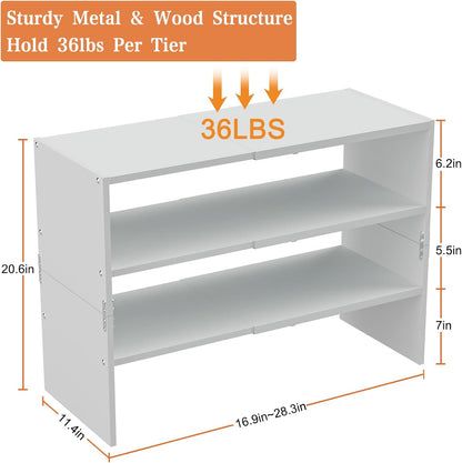 White Shoe Rack Organizer for Closet, 2-Tier Expandable Shoe Shelf, Stackable Iron Wood Combination Small Shoe Racks Shelves for Closets, Entryway,Small Space,Hallway,Bedroom,Bathroom,6-12 Pairs
