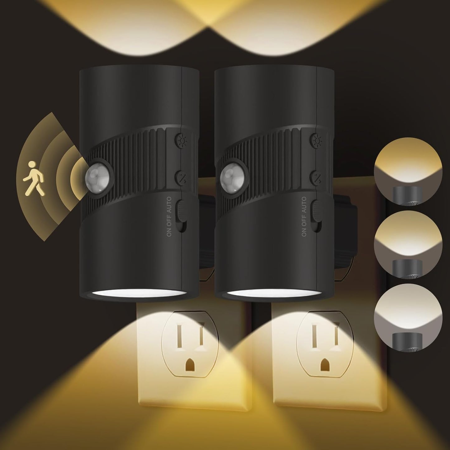 easuntec Motion Sensor Night Light, Night Lights Plug into Wall, Motion Sensor & Dusk to Dawn Sensor, 3 Light Modes, Dimmable Night Light for Bedroom Bathroom Hallway Stair (Black, 2 Pack)
