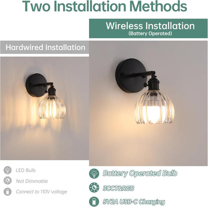Shenmoyl Vintage Battery Operated Wall Sconce with Transparent Tulip Glass Lampshade Rechargeable Battery Powered Wall Light with Remote Control for Bedside Bedroom Doorway, Set of 2