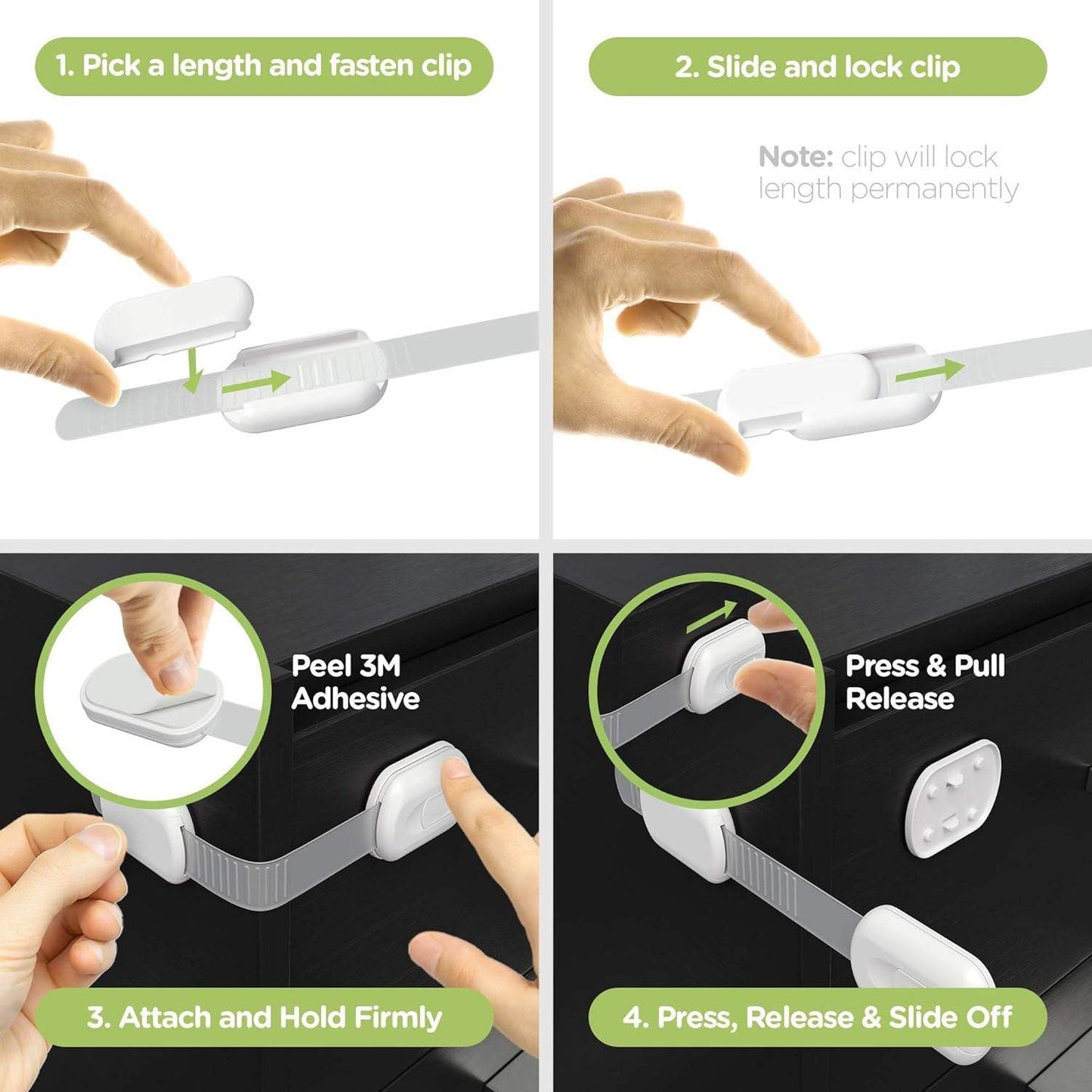 Child Proof Safety Strap Locks 10-Pack - No Drill Cabinet Locks Baby Proofing, 3M Adhesive for Drawers, Cabinets, Fridge, Toilet, Baby Proofing for Child Safety