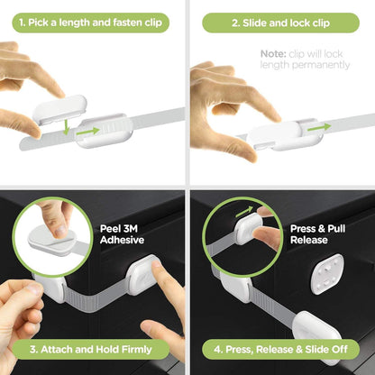 Child Proof Safety Strap Locks 10-Pack - No Drill Cabinet Locks Baby Proofing, 3M Adhesive for Drawers, Cabinets, Fridge, Toilet, Baby Proofing for Child Safety