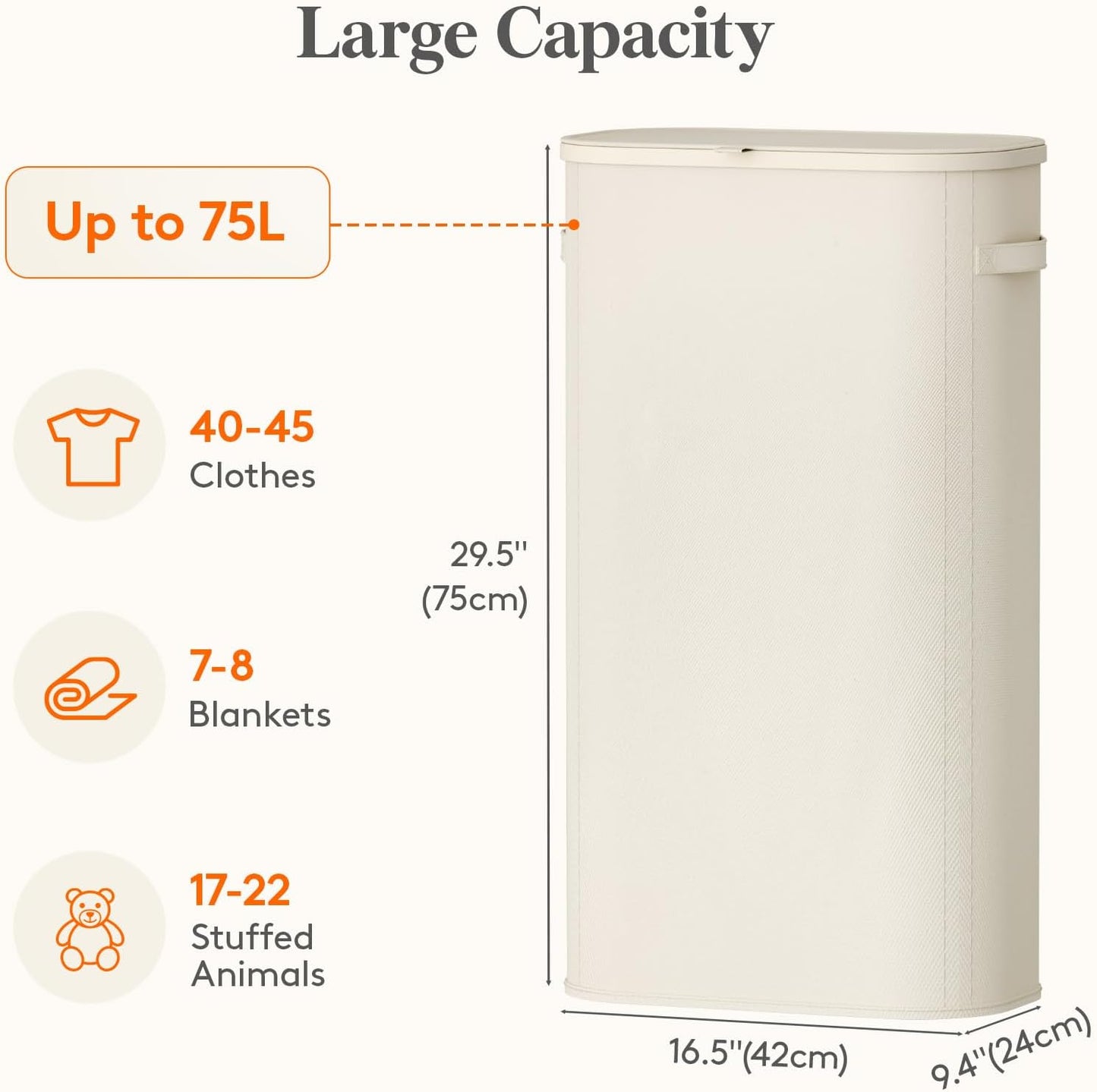 Lifewit Slim Laundry Basket with Lid, Narrow Laundry Hamper with Plastic Handles and Removable Bag, Tall Foldable Dirty Clothes Hampers for Laundry Room, Bedroom, Bathroom, Dorm, 65L Beige