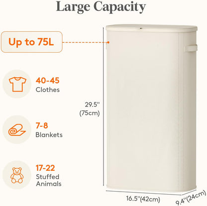 Lifewit Slim Laundry Basket with Lid, Narrow Laundry Hamper with Plastic Handles and Removable Bag, Tall Foldable Dirty Clothes Hampers for Laundry Room, Bedroom, Bathroom, Dorm, 65L Beige