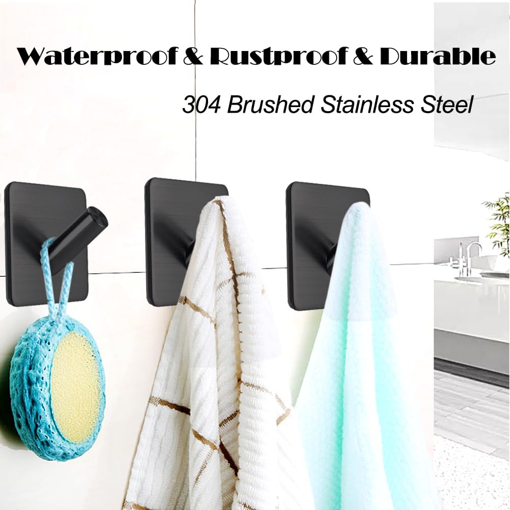 Fotosnow Matte Black Adhesive Wall Hooks, 15lbs Locking Curve Anti Slip Stainless Steel No Drill Stick On Hooks for Bathroom Shower Towel Coat Kitchen
