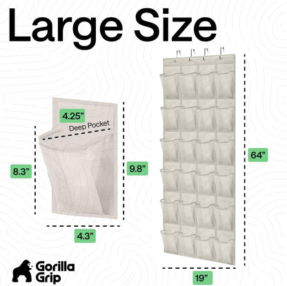 GORILLA GRIP Over the Door Shoe Organizer, 24 Large Breathable Mesh Pockets, Space Saving Hanging Storage Holder, Closet Rack Hanger Holds Up to 40 lbs, Hangs on Closets for Shoes, Accessories, Grey