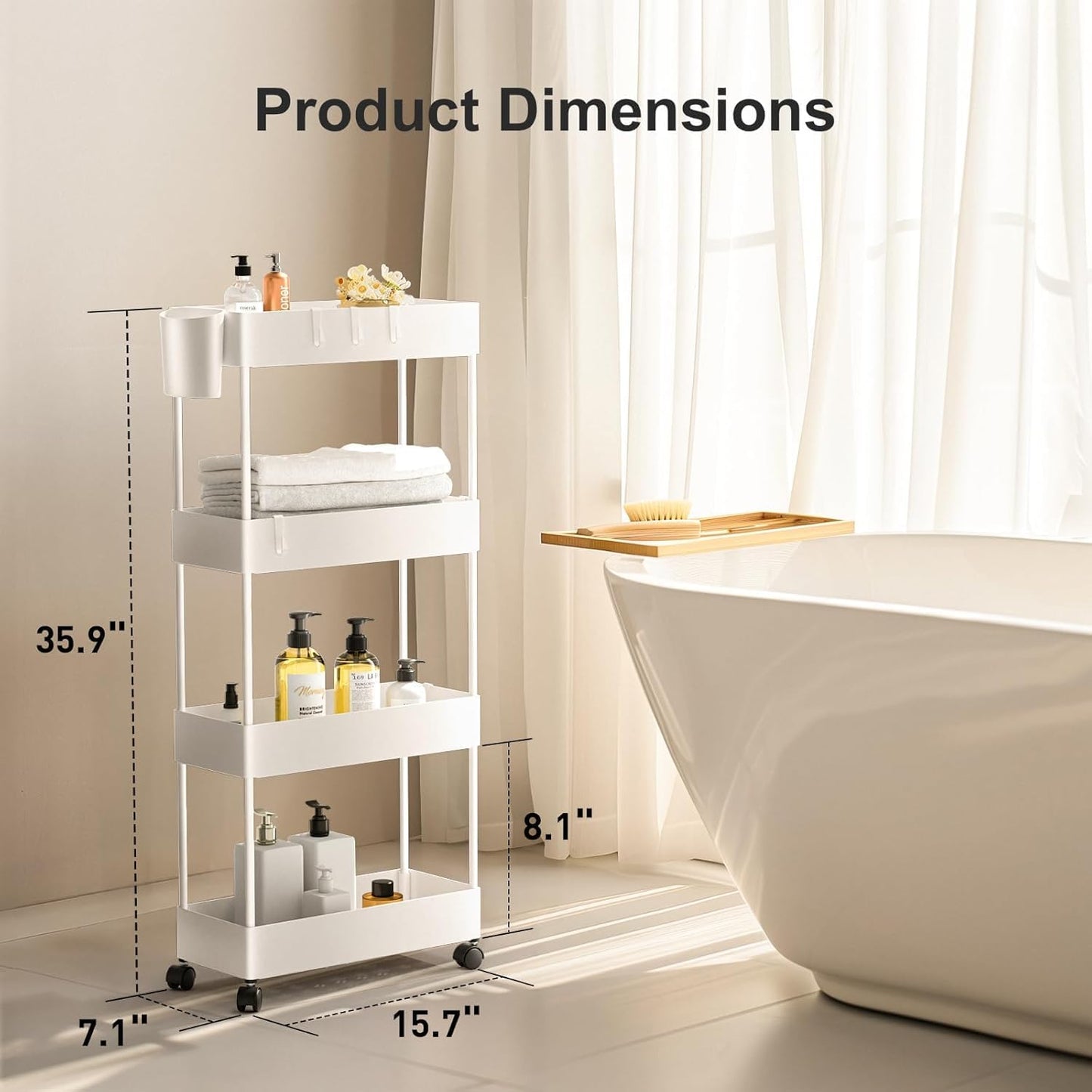 Pipishell Slim Storage Cart with Wheels - Bathroom Cart Organizer Storage, 4 Tier Rolling Carts for Bathroom, Laundry Room, Kitchen, Narrow Space, Black PIUC05
