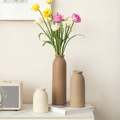 Ceramic Vase Set-3, Small Flower Vases for Decor, Modern Boho Farmhouse Style, Decorative Vases for Pampas Grass & Dried Flowers, Distressed Finish (Beige)