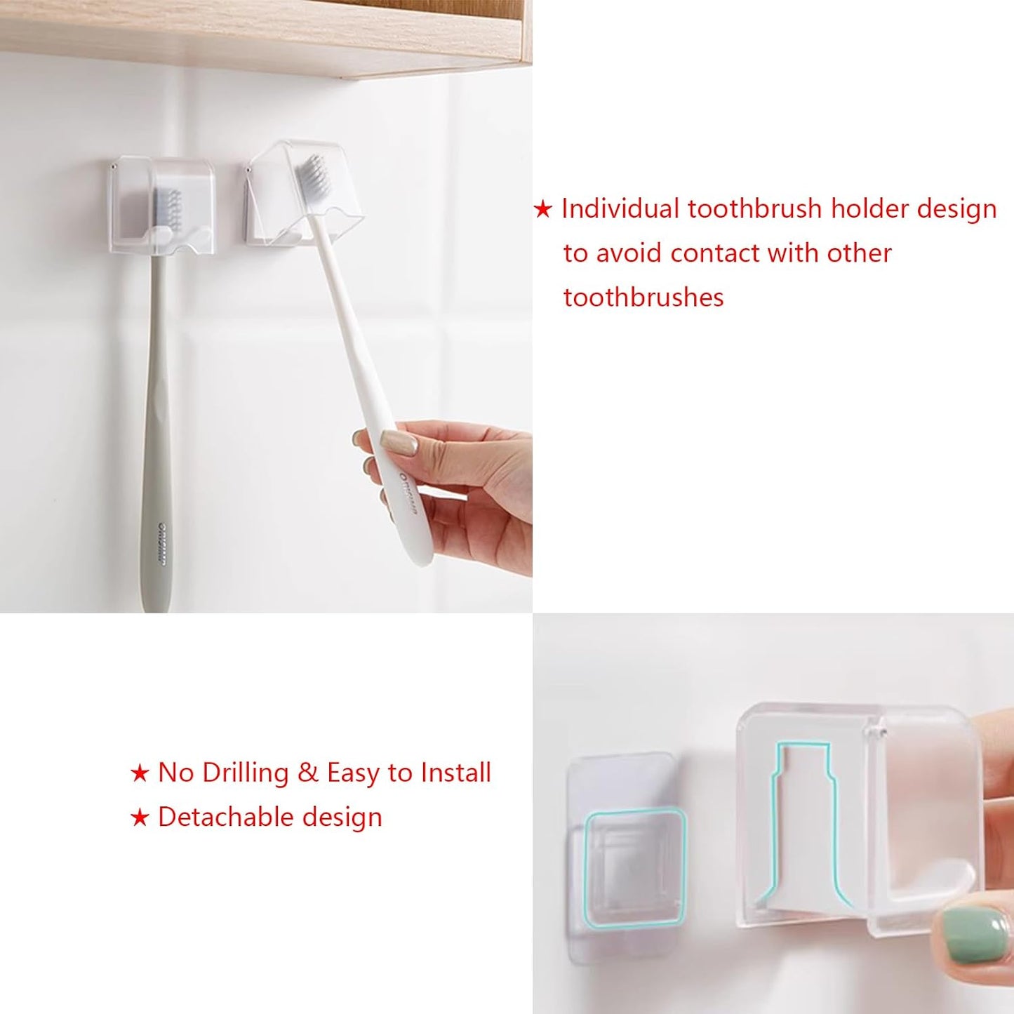 2PCS White Toothbrush Holder Wall Mounted with Cover, Toothbrush Storage Organizer for Dorm, Self Adhesive Toothbrush Hanger, for Bathroom, Shower, Cabinet, with 2PCS White Toothpaste Clip