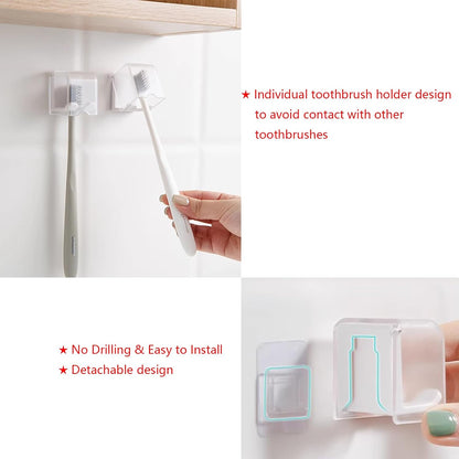 2PCS White Toothbrush Holder Wall Mounted with Cover, Toothbrush Storage Organizer for Dorm, Self Adhesive Toothbrush Hanger, for Bathroom, Shower, Cabinet, with 2PCS White Toothpaste Clip