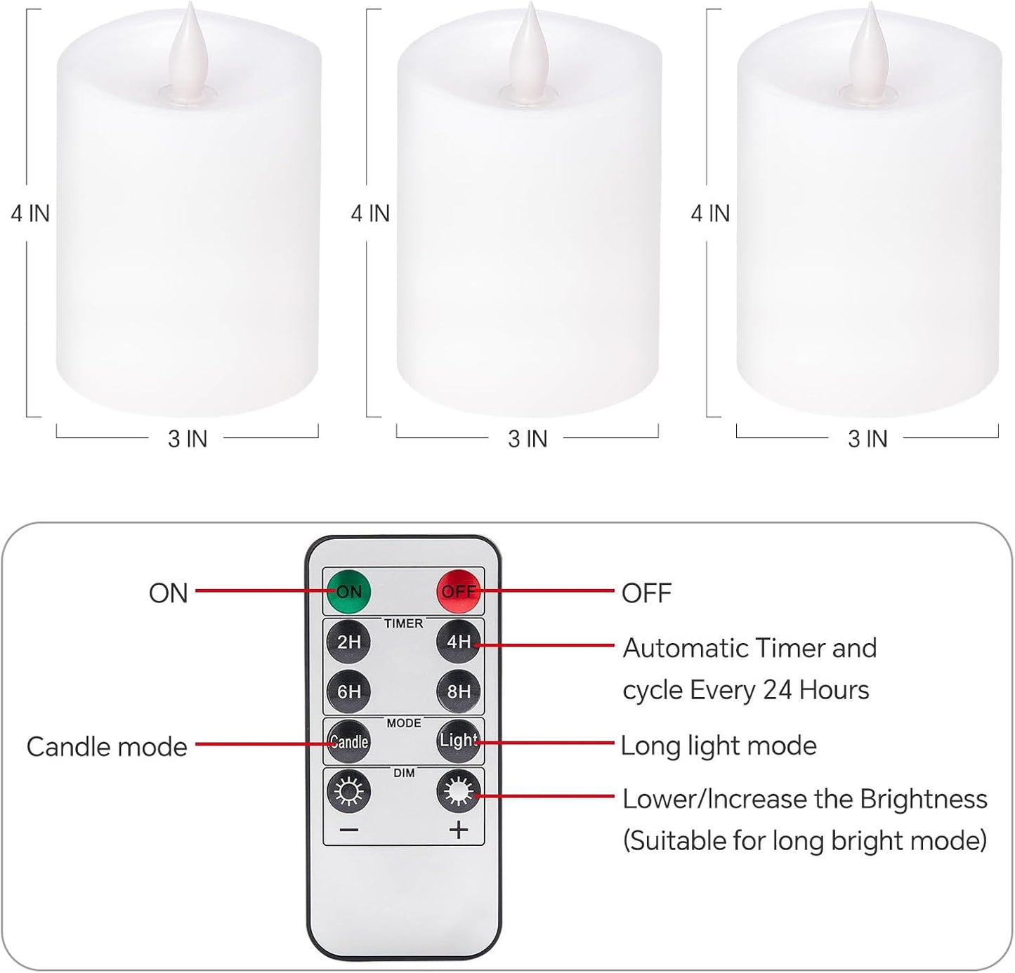 3x4 Flickering Flameless Candles Set of 3,Real Wax Pillar LED Candles,with Timer,4 inch Flameless Candles with Remote,for Party Wedding Holiday Home Decor,Ivory