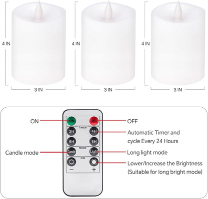 3x4 Flickering Flameless Candles Set of 3,Real Wax Pillar LED Candles,with Timer,4 inch Flameless Candles with Remote,for Party Wedding Holiday Home Decor,Ivory