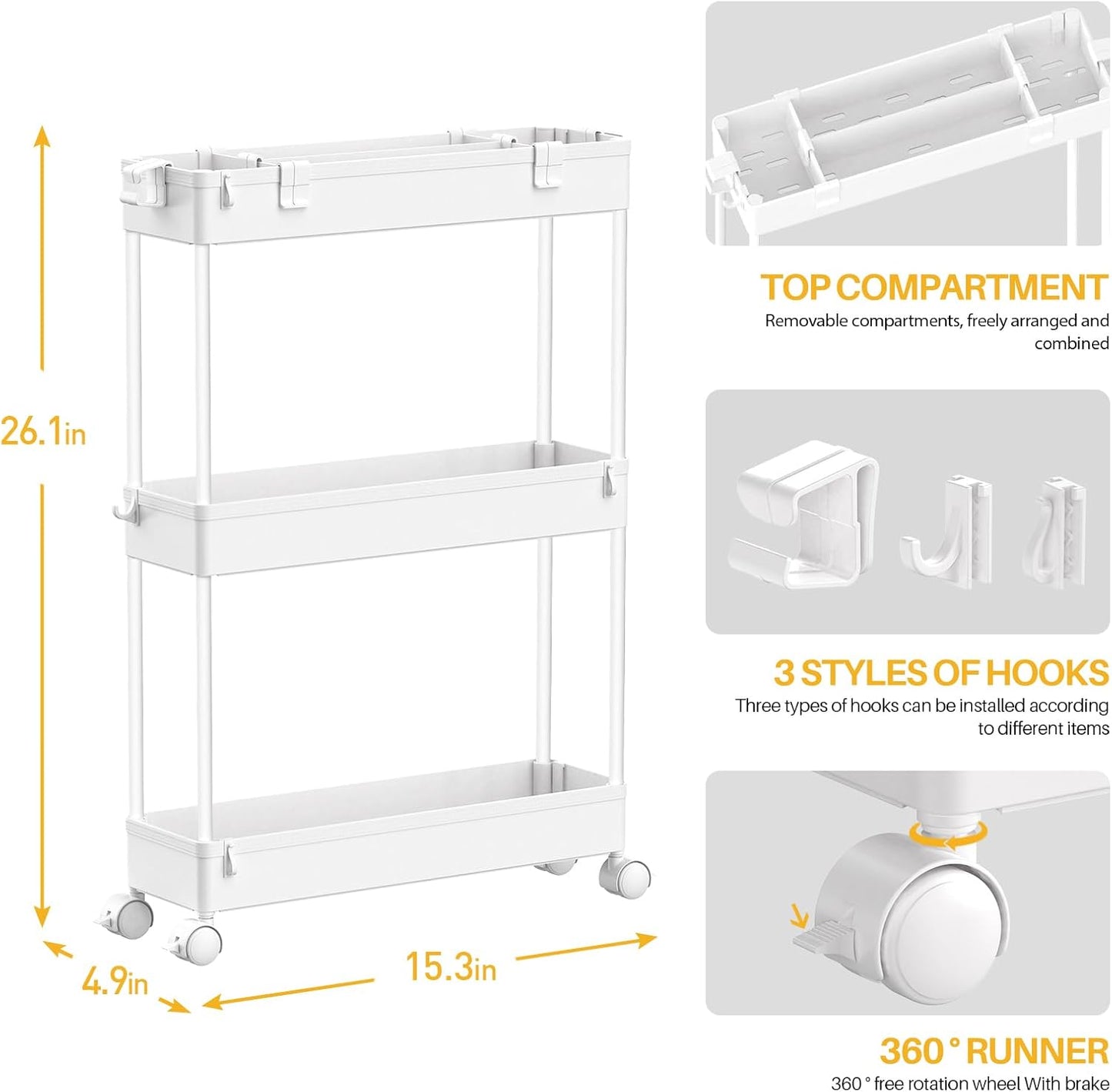 SPACELEAD Slim Storage Cart 3 Tier,Bathroom Organizer Rolling Utility,Mobile Shelving Unit Slide Out for Office, Kitchen, Laundry Room & Narrow Places，Green