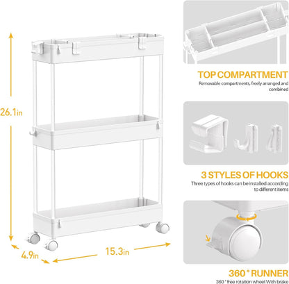 SPACELEAD Slim Storage Cart 3 Tier,Bathroom Organizer Rolling Utility,Mobile Shelving Unit Slide Out for Office, Kitchen, Laundry Room & Narrow Places，Green