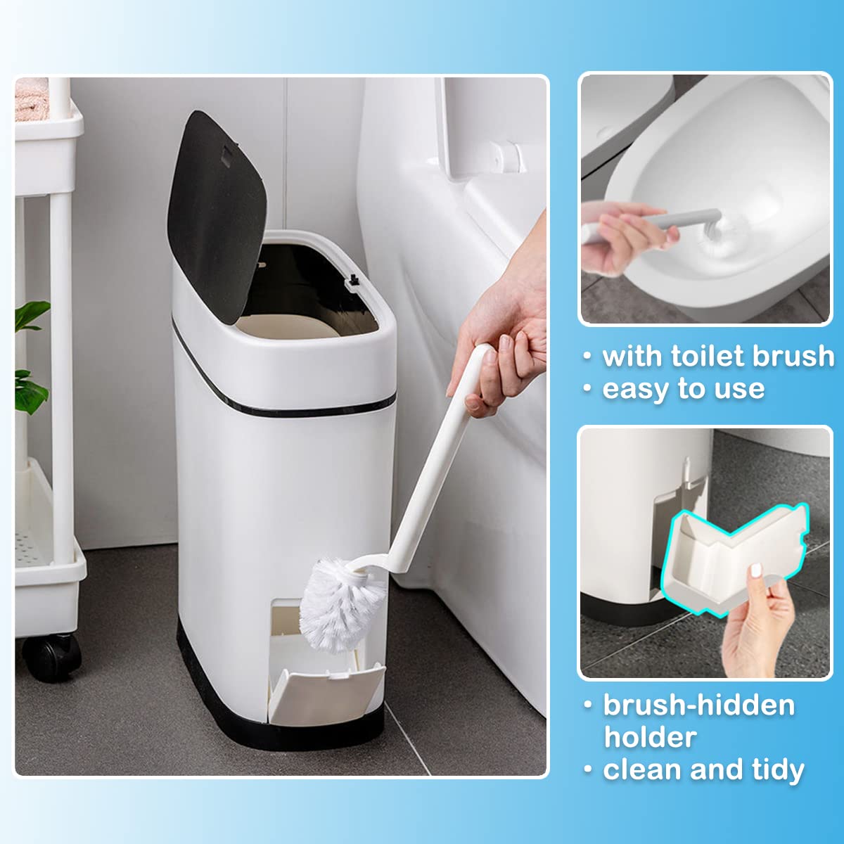 3.7 Gallons Bathroom Trash Can and Toilet Brush Set, 14 Liter Slim Trash Can with Toilet Brush Holder Set for RV, Black lid