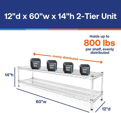 Shelving Inc. 12" d x 30" w Chrome Wire Shelving with 2 Tier Shelves, Weight Capacity 800lbs Per Shelf