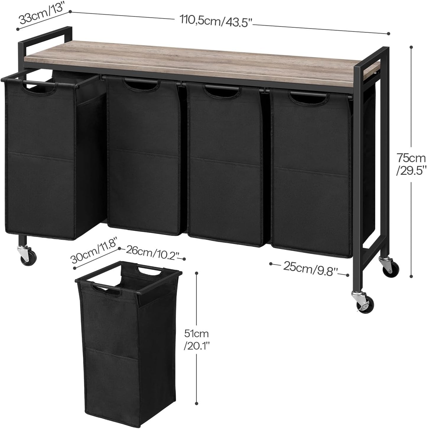 HOOBRO Laundry Sorter 4 Sections, Laundry Hamper with Wheels, 4 × 10.5 Gal (40 L), Rolling Laundry Basket, Pull-Out and Removable Oxford Fabric Bags, Rustic Brown and Black BF04XY01