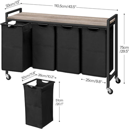 HOOBRO Laundry Sorter 4 Sections, Laundry Hamper with Wheels, 4 × 10.5 Gal (40 L), Rolling Laundry Basket, Pull-Out and Removable Oxford Fabric Bags, Rustic Brown and Black BF04XY01