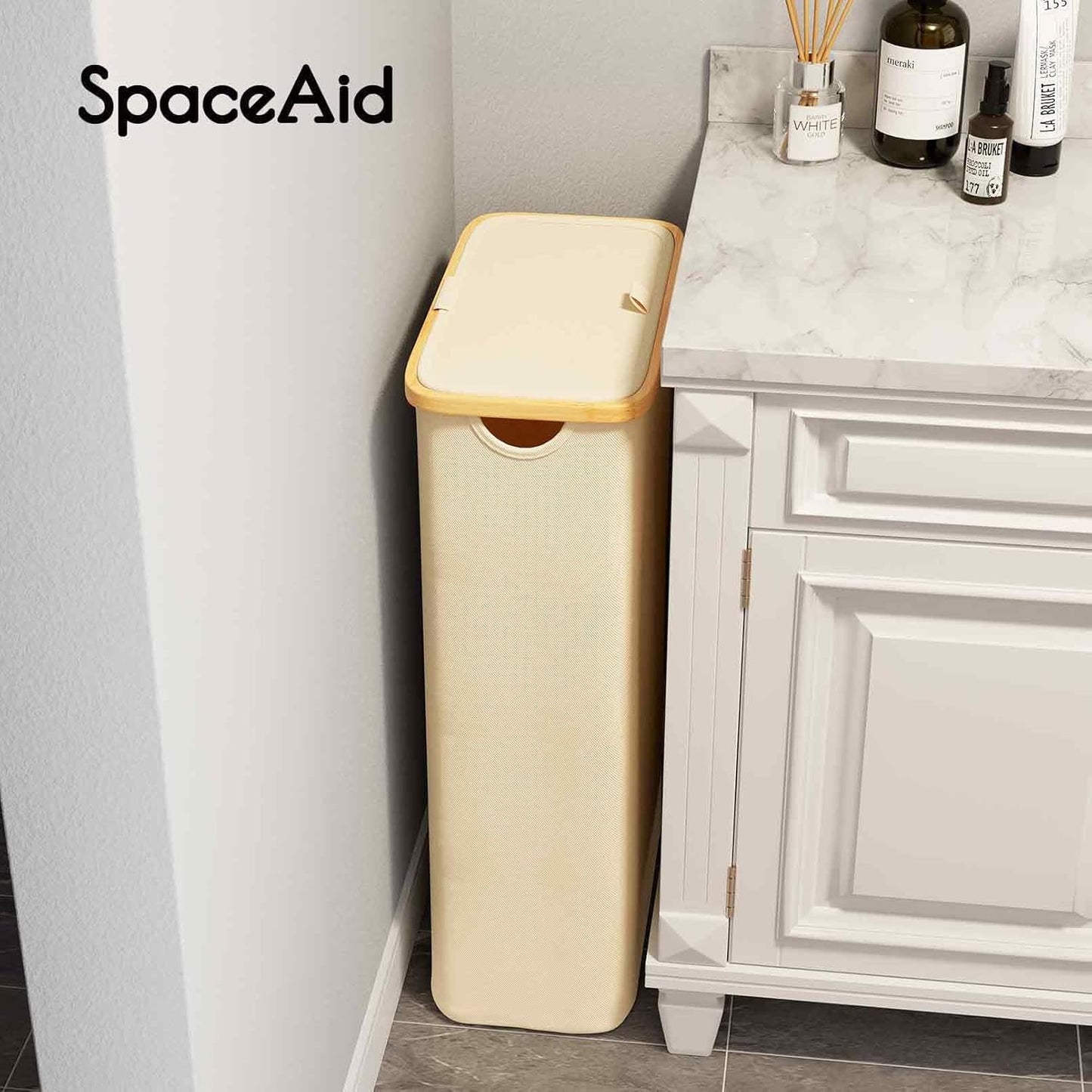 SpaceAid Double Laundry Hamper 2 Section with Lid and Removable Laundry Bags, 160L Clothes Basket with Bamboo Handles, Large Collapsible Hamper for Bedroom, Bathroom, Dorm, Laundry Room - White