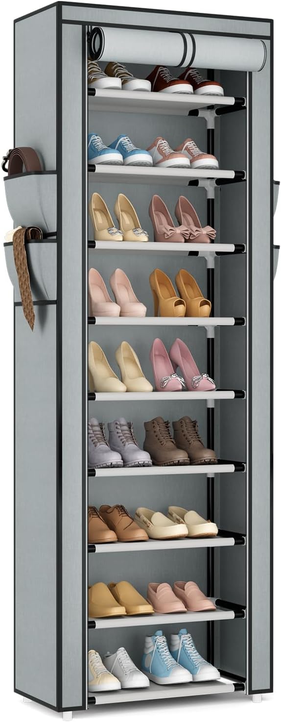 VILICK Shoe Rack with Cover Narrow Shoe Organizer with 4 Side Pockets 10 Tier Tall Shoe Storage Holds 18-22 Pairs Shoes and Boots Shoe Rack for Closet Entryway Garage