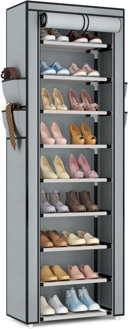 VILICK Shoe Rack with Cover Narrow Shoe Organizer with 4 Side Pockets 10 Tier Tall Shoe Storage Holds 18-22 Pairs Shoes and Boots Shoe Rack for Closet Entryway Garage