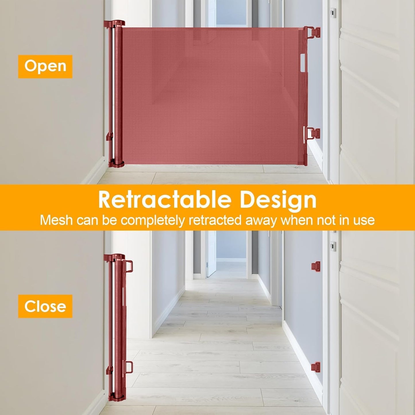 33” Tall X 50” Wide Retractable Baby Gates for Doorways One-Hand Easy Operation Retractable Dog Gate Outdoor Scratch-Resistance Mesh Pet Gate Indoor 4.17Ft Long Doggy Gates for Inside Dog Fence, Brown