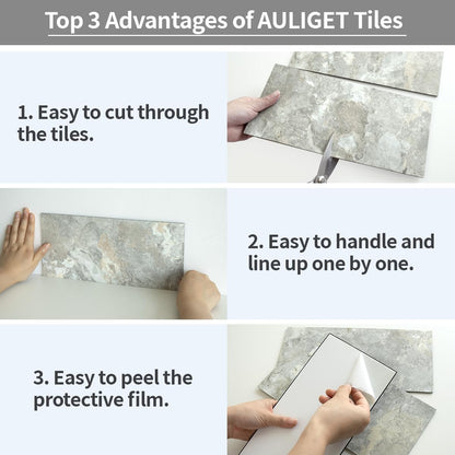 AULIGET 6" x 12" Black Slate Peel and Stick Backsplash Wall Tiles, PVC Faux Stone Stick on Tiles for Backsplash Kitchen, Bathroom, Laundry Room, Camper, Fireplace (Pack of 20)