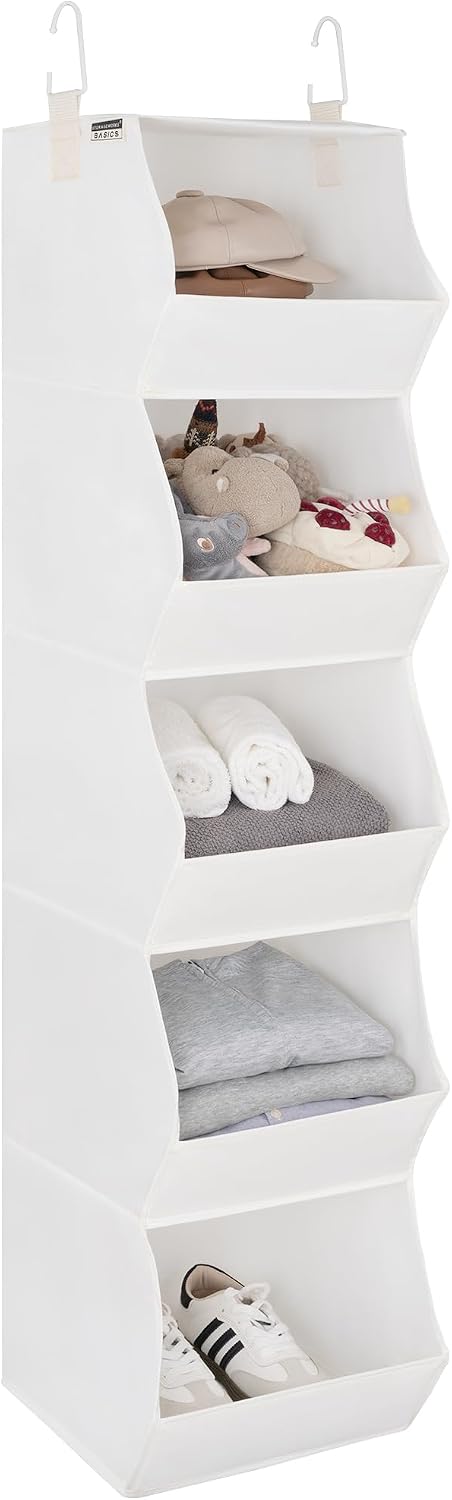 StorageWorks Basics Hanging Closet Organizer, 4-Shelf Wide Trapezoid Closet Shelves with Reinforced Anti-Sagging Support for Sweaters, Hoodies and Handbags, Foldable Storage Organizer, Beige