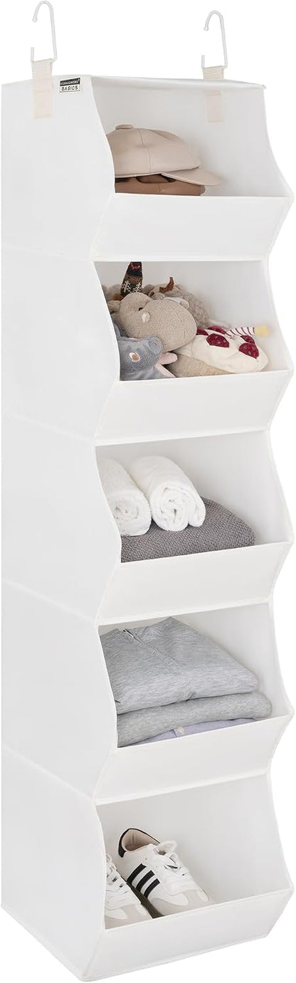 StorageWorks Basics Hanging Closet Organizer, 4-Shelf Wide Trapezoid Closet Shelves with Reinforced Anti-Sagging Support for Sweaters, Hoodies and Handbags, Foldable Storage Organizer, Beige