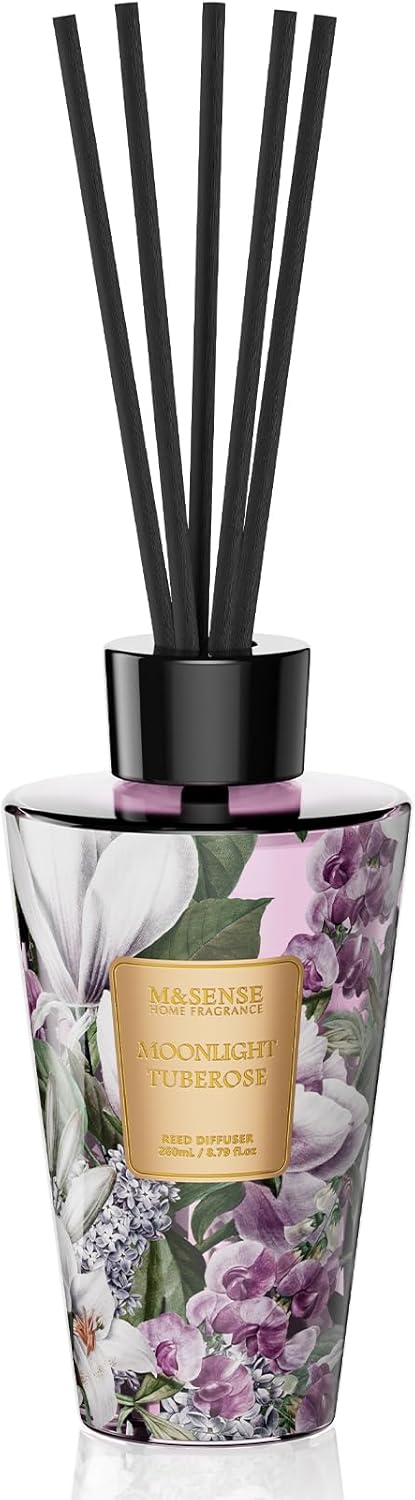 M&SENSE Reed Diffuser Set, Jasmine Sandalwood Scented 6.3 fl oz Natural Essential Oil Diffusers with Sticks, Non-Toxic Organic Air Freshener, Long-Lasting Fragrance Oils for Home Bathroom Living Room