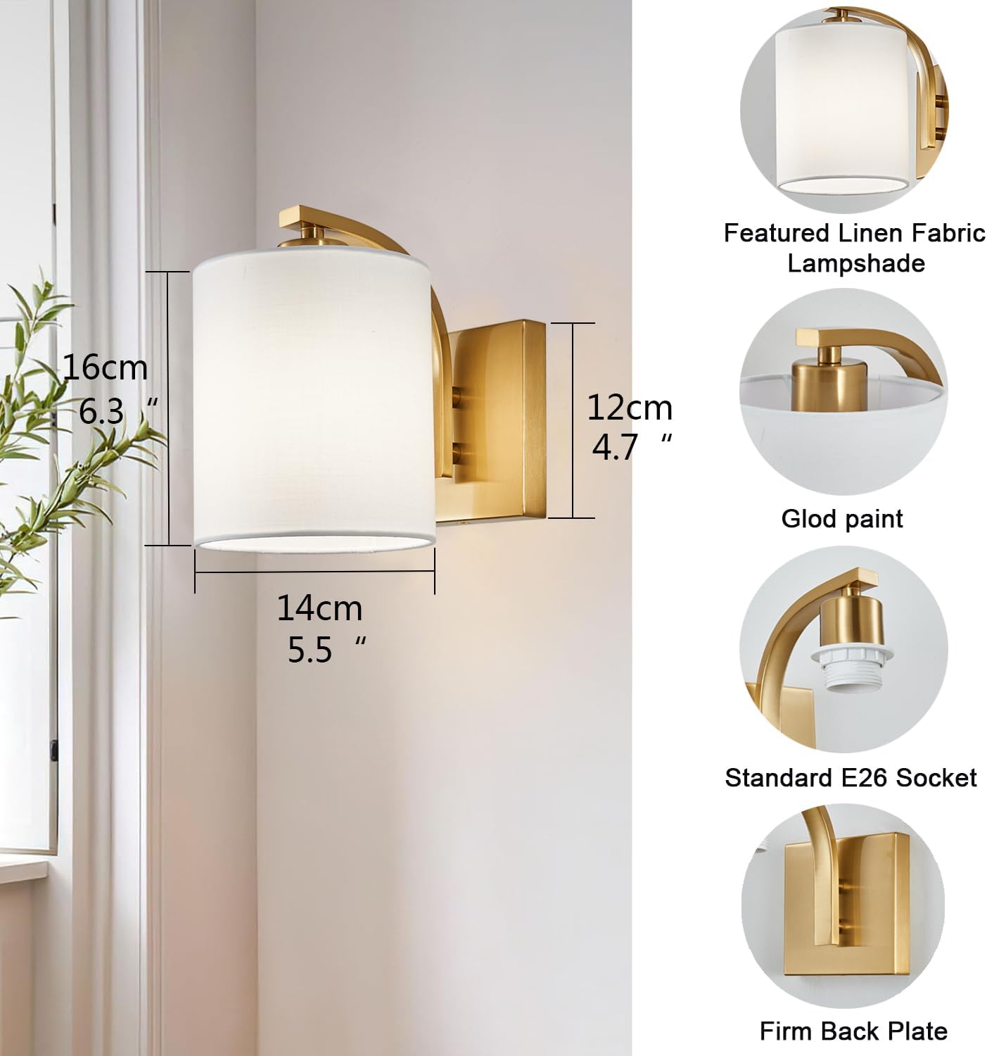 Battery Operated Wall Sconce Set of 2, Brushed Gold Rechargeable Wall Lights with Remote Control and Dimmable LED Bulbs, 13 Light Colors Wireless Wall Lamps for Bedroom Living Room Hallway (Gold)