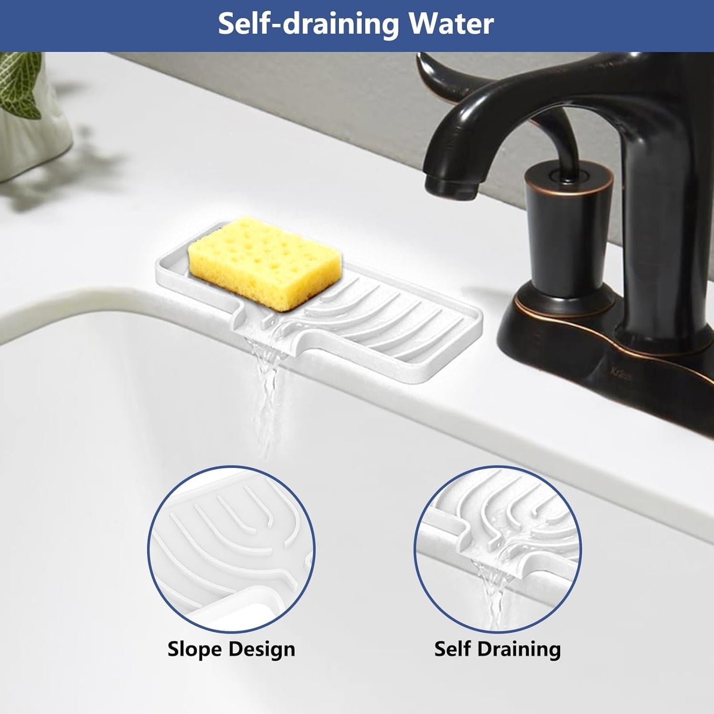 JACZZO Silicone Sponge Holder for Kitchen Sink, (10x4 In) Sink Caddy with Drain Spout, Self Draining Soap Tray & Organizer, Kitchen Accessories,Bathroom Organizer, Easy to Clean (Grey)