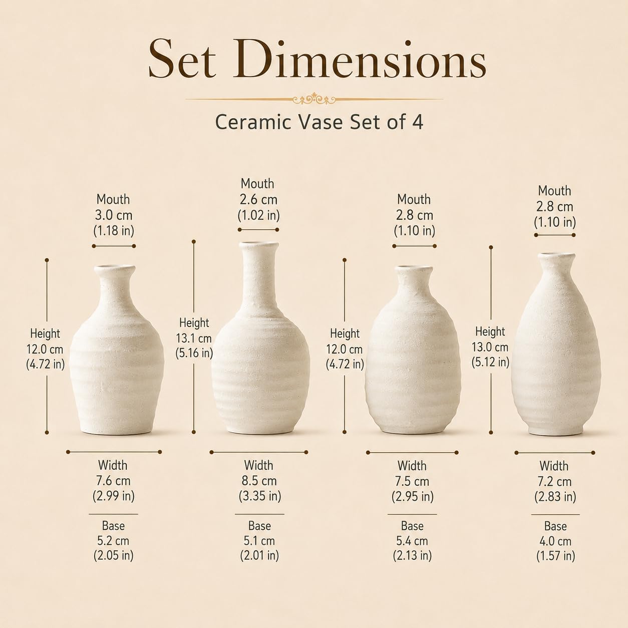 White Textured Ceramic Vases Set of 4, Small Rustic Pottery Vases for Dried Flowers, Minimalist Farmhouse Decorative Bud Vases for Table Shelf Living Room Home Decor