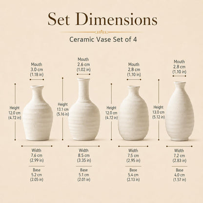 White Textured Ceramic Vases Set of 4, Small Rustic Pottery Vases for Dried Flowers, Minimalist Farmhouse Decorative Bud Vases for Table Shelf Living Room Home Decor