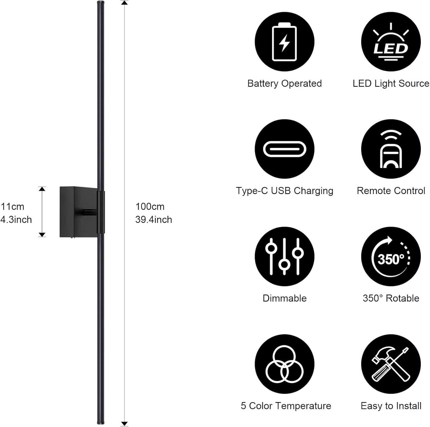 Battery Operated Wall Sconce Set of Two with Remote Control, 3000K-6000K Dimmable Black Wall Lights, Timable LED Wireless Wall Sconces, 350° Ratate for Bathroom, Living Room, Hallway 29.1 Inch