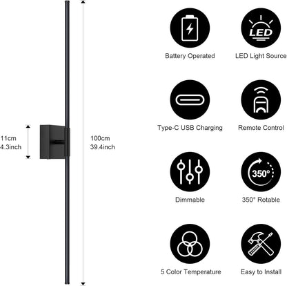 Battery Operated Wall Sconce Set of Two with Remote Control, 3000K-6000K Dimmable Black Wall Lights, Timable LED Wireless Wall Sconces, 350° Ratate for Bathroom, Living Room, Hallway 29.1 Inch