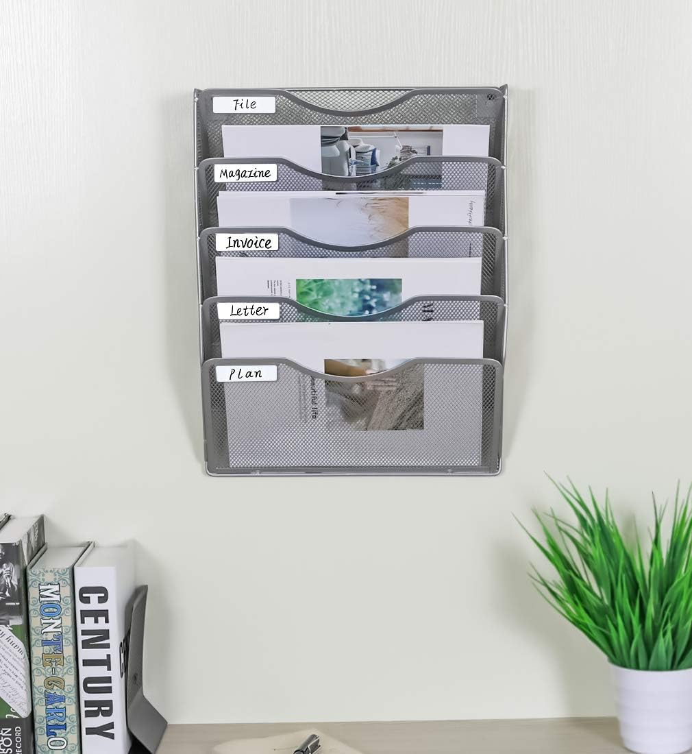 EasyPAG 5 Pocket Mesh Wall File Organizer with Key Hooks, Hanging Paper Folder Holder with Classify Label, Vertical Wall Mount Mail Organizer for Office Home Classroom, Black
