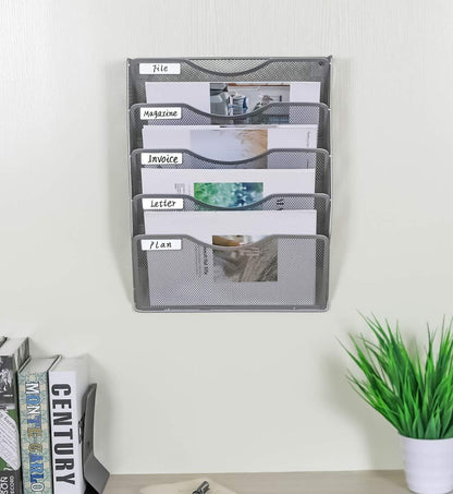 EasyPAG 5 Pocket Mesh Wall File Organizer with Key Hooks, Hanging Paper Folder Holder with Classify Label, Vertical Wall Mount Mail Organizer for Office Home Classroom, Black